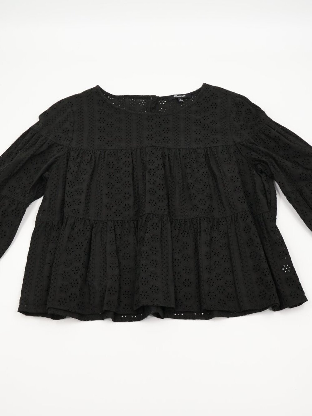 Madewell Eyelet Lace Babydoll Blouse Womens Large Black Tiered Button Back Top